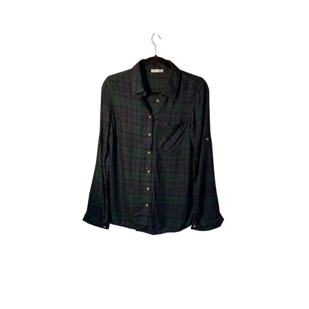 Dex women’s green, black and blue plaid long sleeve roll tab shirt S/M